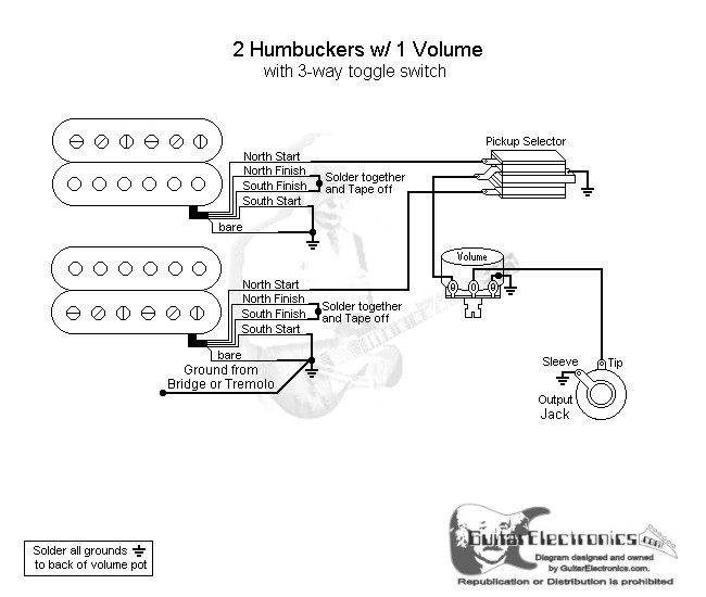 2 humbuckers 3 way toggle switch 1 volume Bass Guitar 3 Pickup Wiring Diagrams with Cut Off Band click to enlarge